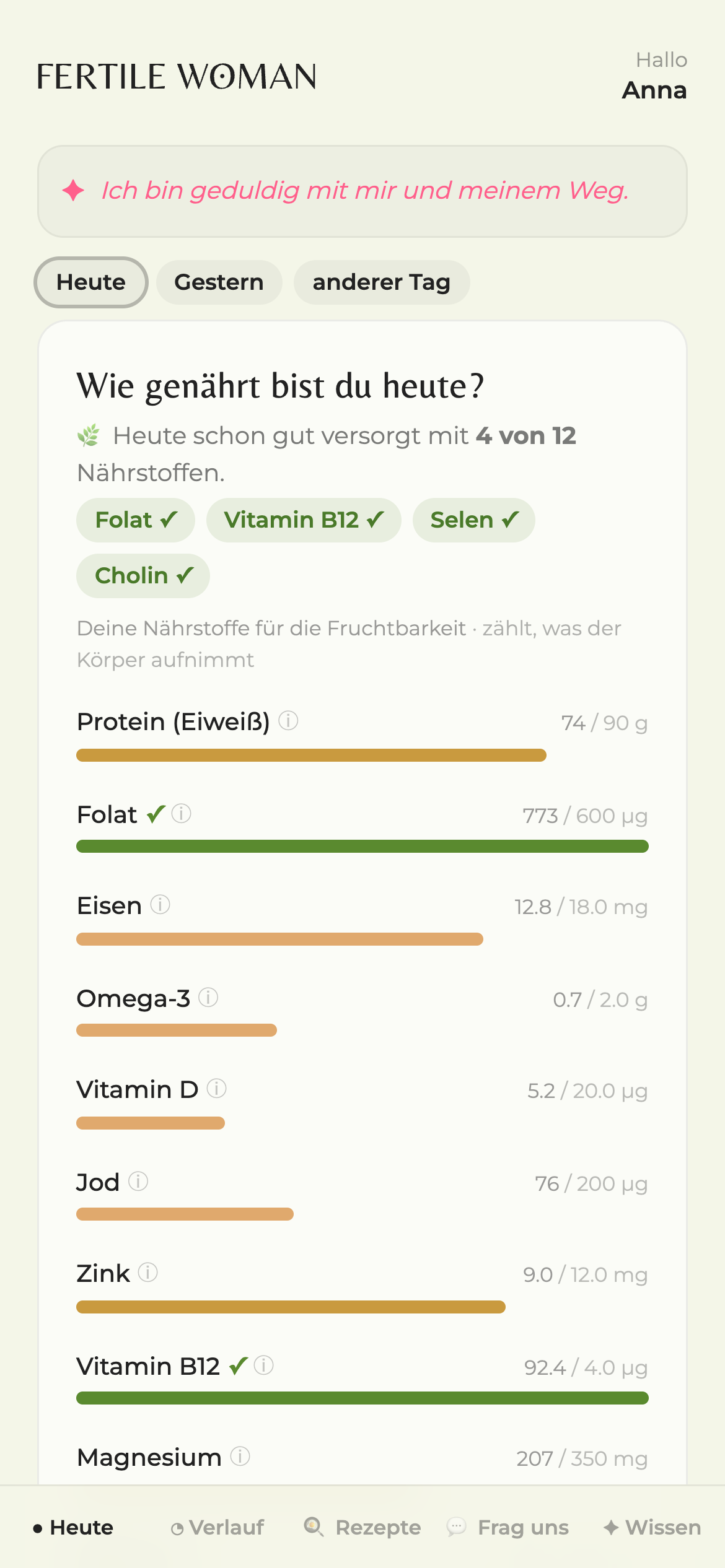 Genährt App: dein Tag mit Nährstoff-Balken