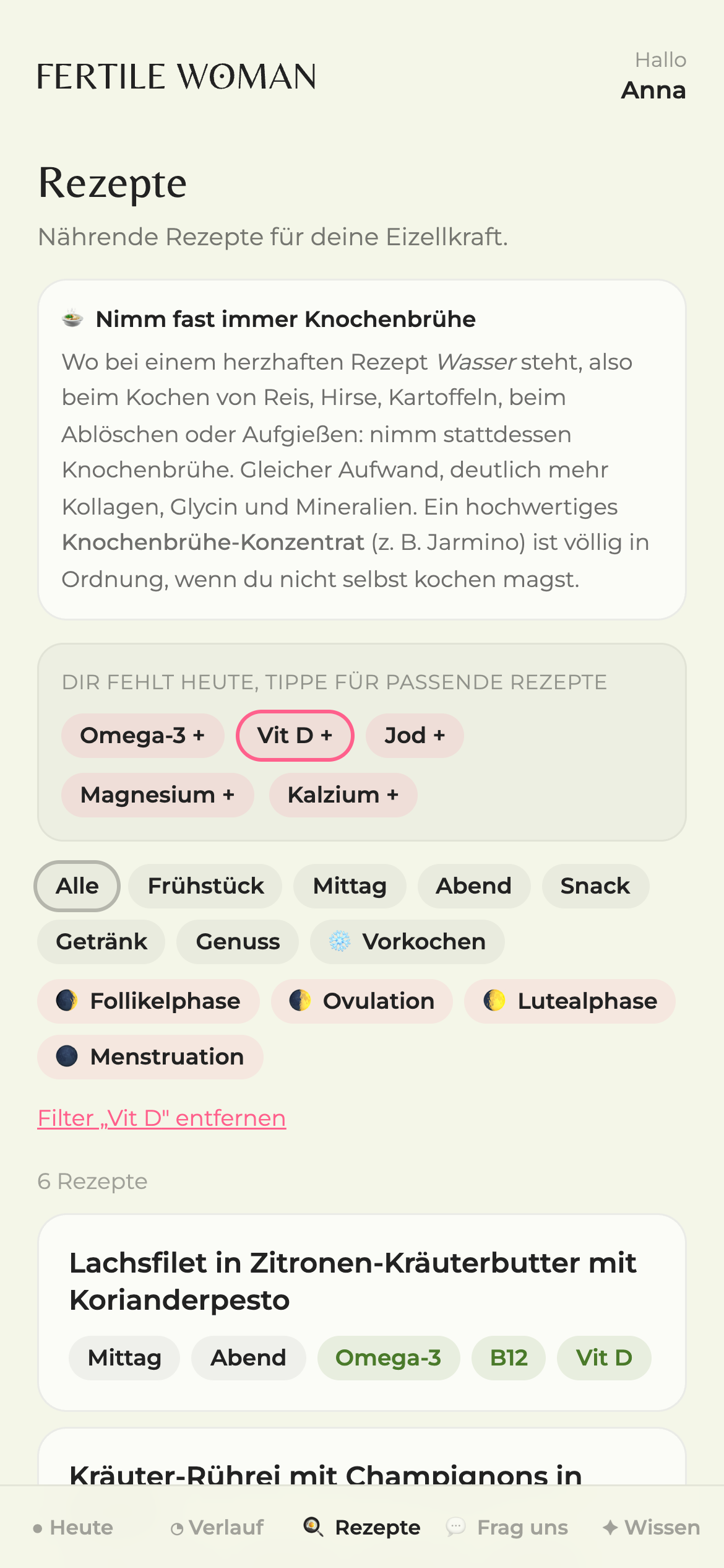 Genährt App: Rezepte nach Zyklusphase gefiltert